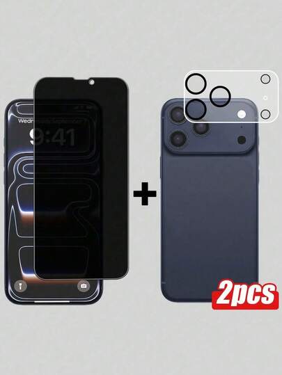 2 piezas, 1 pieza Protector de pantalla de vidrio templado anti-espía y anti-espionaje, 1 pieza Protector de lente de cámara de vidrio templado de alta definición, compatible con dispositivos Apple, anti-arañazos, anti-colisión, recubrimiento oleofóbico, tacto suave, adecuado para la serie X/XR/11/12/13/14/15/16/16Plus/16Pro/16ProMax/16e/17/17 Air/17 Pro/17 Pro Max