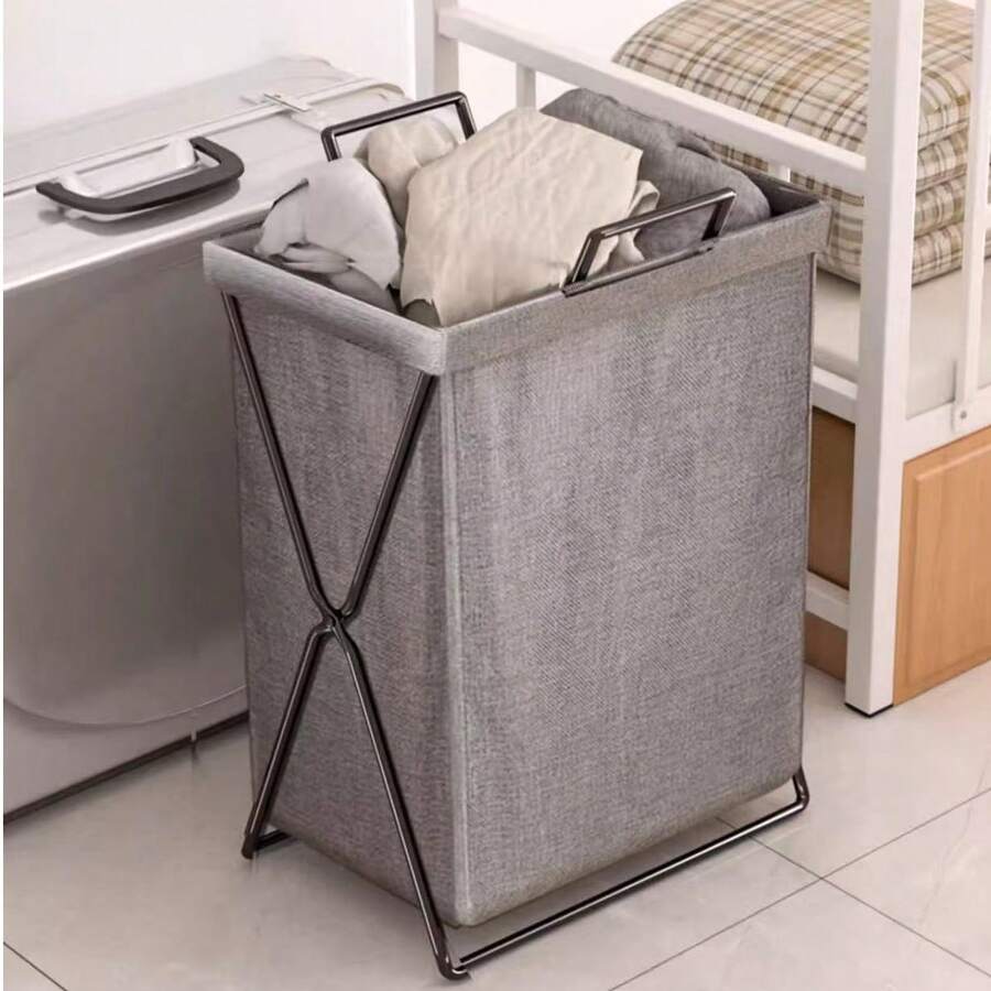 1pc Foldable Laundry Basket With Iron Frame And Washing Bag, Home Storage And Organization For Clothes And Toys - Grey - View 1
