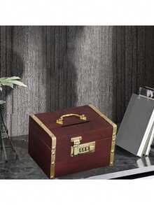 1pc Retro Money Tank Password Lock Wooden Savings Tank For Children Simple Household Log Storage Box With Lock Gift - Coffee Brown - View 4