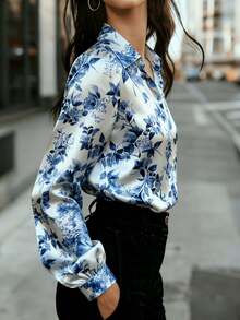 The Women's Long-Sleeve Satin Print Shirt Features A Stylish Animal Print Design And Classic Button Details, Making It Perfect For Everyday Wear. Vacation - Blue - View 4