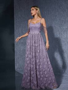 Spaghetti Strap V-Neck Beaded Fringe Panel Dress With 3d Sequin Embroidery Lace Pleated A-Line Full-Length Gown - Purple - View 5