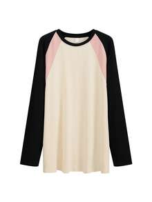 JUTU 春秋新款三色拼接時尚 T-Shirt，女款休閒舒適長袖上衣，戶外穿著 - 058杏色 - 查看 8