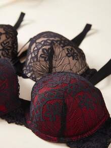 3pcs Women's Push-Up Bras With Contrast Lace Trim - Underwire High Support, Adjustable Straps, Bohemian Style Everyday Comfort (Navy/Red/Black), Supportive Lingerie, Stylish Undergarments, Durable Construction, Padded Bra, Fashionconscious Women - Mixed Color - 查看 6