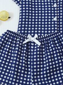 两件套女士格子印花睡衣套装，短袖纽扣领上衣和短裤，夏季休闲睡衣 - 寶藍色 - 查看 6