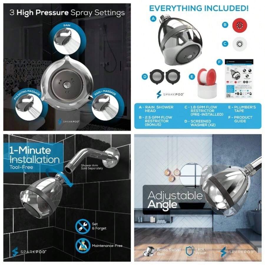 - Cabezal de ducha de presin de potencia u2013 Elevador de presin de agua de alta presin para hogares de baja presin u2013 3 cabezales de ducha para lluvia y masaje cromo pulido de lujo - Cabezal de ducha a presión de potencia chapado en cromo (pulido de lujo) - Ver 1