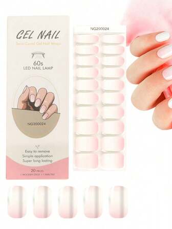 1 Box Of 20 Natural Looking, Long-Lasting, Classic Pink Ombre French Manicure UV Gel Nail Stickers, Easy To Apply And Remove
