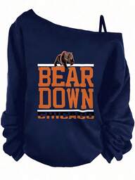 Black Off-The-Shoulder Sweatshirt With Bold Brown Bear Graphic 'BEAR DOWN CHICAGO' - Loose Gathered Sleeves & Single Black Strap,  Casual Design For Chicago Sports Fans- Winter Clothes For Women,New Years Outfit Women,Christmas Outfit - Women's Winter Outfits: Elegant Conjunto De Mujeres + Flowy Top, Blusas & Top Negro