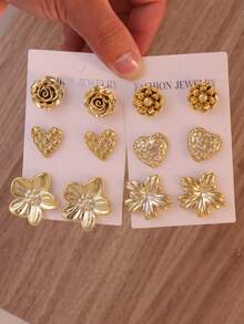 3-6 Pairs Vintage Gold Tone Earring Set, 3D Rose & Heart Shaped Earrings, Elegant Ins Style Accessories, Versatile Daily Wear - Gold - View 1