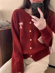 Áo len cardigan cài nút nơ Kawaii, Xuân Thu, Áo dài tay - Đỏ - Xem 3