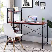 Computer Desk With 4 Tier Shelves, Study Writing Table With Storage Bookshelves, Compact Home Office Workstation, 47.5" Tower Desk With Steel Frame & Adjustable Feet Pad, Red Brown - Red Brown - View 2