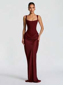 Elegant Sexy Spaghetti Strap Bodycon Party Dress, Ruched Decor Design, Fashionable Cocktail Formal Gown For Banquet, Ball, Cocktail Music Festival - Burgundy - View 8
