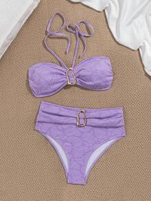 wohenmeili Women's Summer Beach Cashew Floral Print Halter Tie Sexy Bikini Swimsuit Set - Purple - View 7