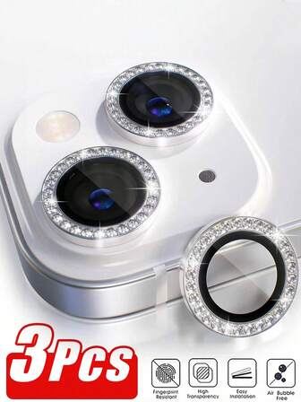 3 piezas Película protectora de lente de cámara de manzana con cristales de Rhinestone, cubierta protectora de lente con cristales brillantes como regalo de cumpleaños, familia y amigos, protector de lente, accesorios para teléfono a prueba de agua, a prueba de golpes, resistente a caídas y arañazos, antihuellas dactilares y de cobertura completa