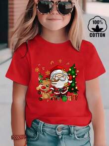 Esta nueva camiseta de manga corta para niña está hecha 100 % de algodón y luce un elegante estampado navideño. Es informal y versátil. Su tejido suave y agradable al tacto es delicado con la piel, lo que permite que las niñas se muevan con libertad y comodidad durante las reuniones familiares, los eventos escolares o los juegos al aire libre. - Rojo - Ver 1