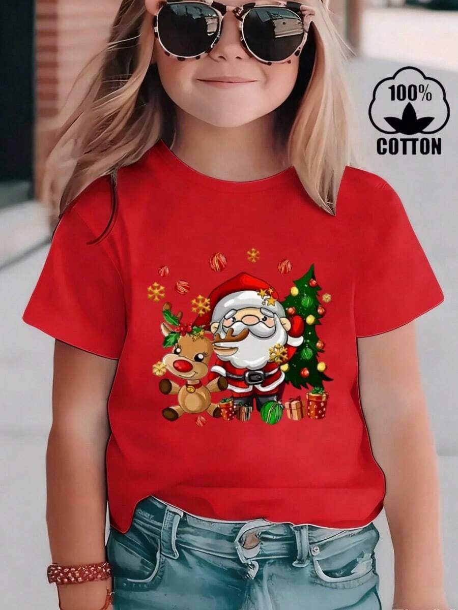 Esta nueva camiseta de manga corta para niña está hecha 100 % de algodón y luce un elegante estampado navideño. Es informal y versátil. Su tejido suave y agradable al tacto es delicado con la piel, lo que permite que las niñas se muevan con libertad y comodidad durante las reuniones familiares, los eventos escolares o los juegos al aire libre. - Rojo - Ver 1