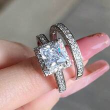 2pcs Luxury Women's Fashion Zirconia Ring Set Wedding Band Engagement Party Birthday Anniversary Christmas Gifts For Women Girlfriend Fine Jewelry - 銀色 - 查看 2
