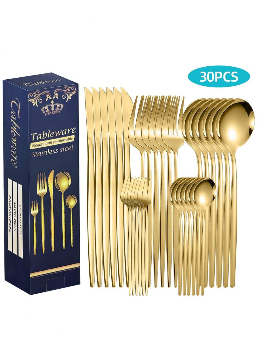 Bộ dao nĩa bằng thép không gỉ 15/20/30 món, Bộ dao nĩa mạ vàng sang trọng 15/20/30 món, Nĩa, thìa, thìa trà mạ vàng có thể tái sử dụng, thích hợp cho gia đình, nhà hàng, khách sạn, đám cưới, tiệc tùng và sử dụng hàng ngày, đóng gói hộp quà tặng, đồ dùng giáo dục. - - - Xem 1