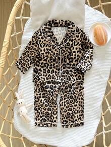 女婴可爱豹纹翻领长袖睡衣套装 - 彩色 - 查看 1