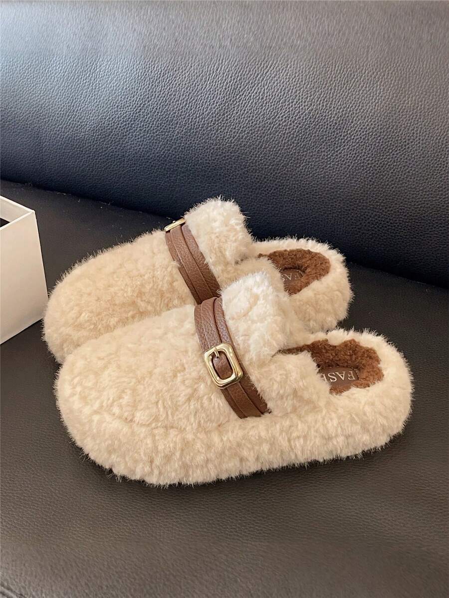 2025 Women's New Winter Viral Thick-Soled Closed-Toe Fluffy Black House Slippers For Outdoor Wear, New Autumn Buckle Plush Slouchy Slippers, Spring/Autumn Indoor Home Office Leopard Print Slippers - Beige - View 1