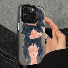 Funda de teléfono con caras expresivas superpuestas triples, cabello rizado oscuro, emociones variadas, mejillas rojas, patrón de boceto minimalista en fondo negro, funda de teléfono para 17 16 15 14 13 12 11 Plus Pro X XR, nueva, moderna y creativa, cobertura completa, Drop17 17promax - Negro - Ver 2