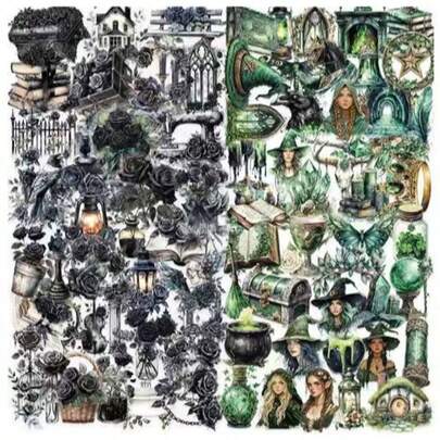 100pcs Black Rose Vintage Magic Forest Witch Sticker Cartoon Funny Cartoon Decals For Laptop Luggage Computer Fridge Phone Waterproof PVC Sticker