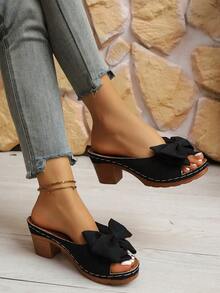 Summer Hot Selling Plus Size Women's Casual Thick Sole Open Toe & Heel Sandals, Solid Color Big Bow Decor Comfortable High Heel Sandals, Lightweight Outdoor Walking Beach Vacation Essential Slippers, Suitable For Pairing With Long And Short Skirts, Fresh And Lively - Black - View 4