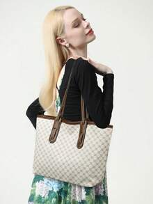 Juego de 3 piezas de bolso de mano, bolso de hombro y bolso de mano con cremallera de cuero de PU a cuadros, elegante y versátil, adecuado para uso diario de mujeres, de gran capacidad, bolso elegante para damas de mediana edad - Blanco - Ver 3