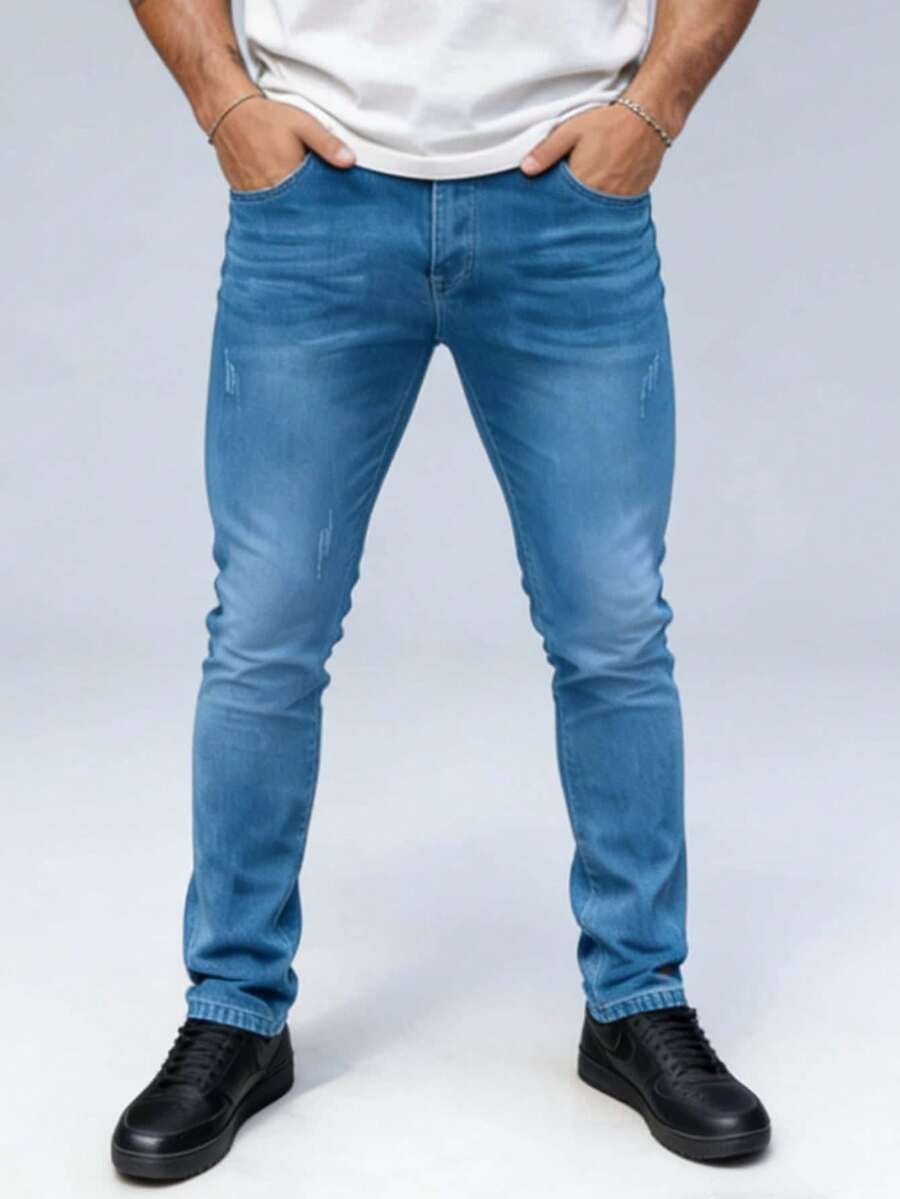 Nuevo 2025, Ropa masculina de alta calidad, azul, azul claro, azul oscuro, cintura media recta, pantalones vaqueros ajustados elásticos, ocio diario, reuniones de negocios, viajes de negocios, se puede usar en todas las estaciones, armarios necesarios, temperamento atmosférico - Lavado ligero - Ver 1