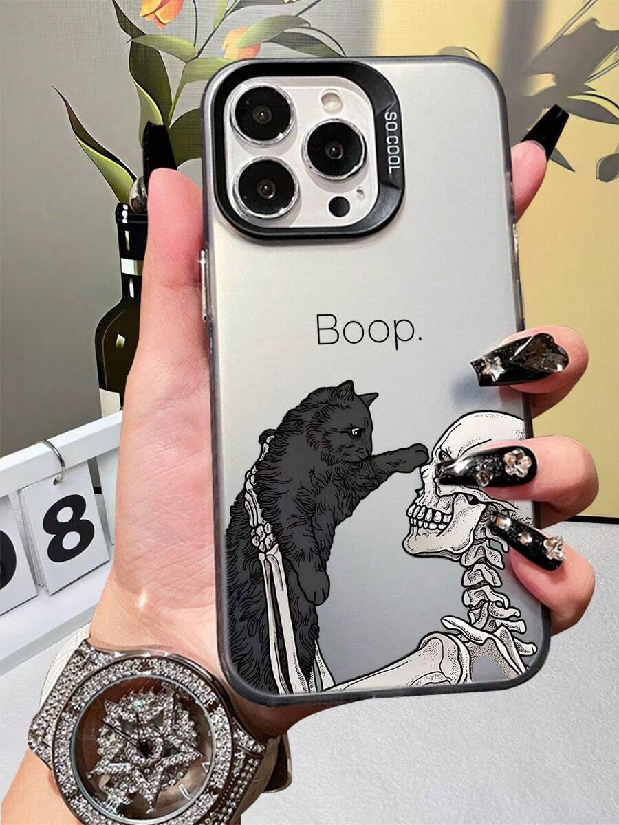 Halloween Gothic Skeleton  Black Cat Print Phone Case For IPhone 17 16 15 14 13 12 11 X XS 7 8 - TPU IMD Case With Colorful Laser Backboard, Cool  Protective Cover For Teens Adults, Co - 紫色 - 查看 1