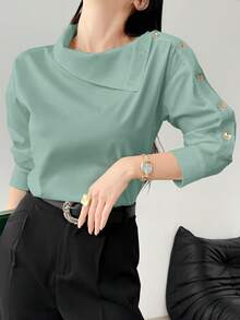 Women's Solid Color Side Button Asymmetric Collar Fashion Shirt