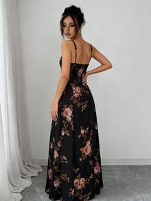Đầm trễ vai xếp ly họa tiết hoa, xẻ tà cao, phong cách Bohemian, thích hợp cho đám cưới, dạ hội, hẹn hò, kỳ nghỉ, tiệc tùng mùa hè thanh lịch. - màu đen - Xem 6