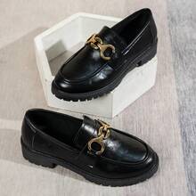 Women's Loafers Flat Shoes, Collegiate Style Pure Metal Buckle Office Wear Black Shoes, Round Toe Chunky Heel Slip-On Mid-Top Shoes - Black - View 5