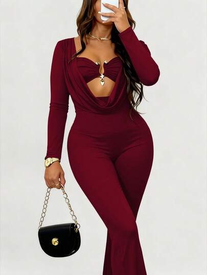 AiTyi Women's Jumpsuit, Slim Fit, Comfortable, Fashionable For Daily, Outdoor, Street, Commute, Shopping, Y2K Style, Party, Elegant Gathering, Independence Day, Back To School, Graduation Season, Christmas, New Year, Thanksgiving, 2025 New Autumn/Winter Sexy Drape Comfortable Jumpsuit
