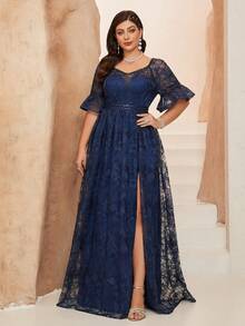 Vestido de noche elegante de talla grande con abertura, de malla bordada transparente - azul real - Ver 5