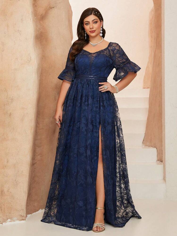 shein evening dresses Belle Plus Size Women's Dress With Beaded Patchwork, Dramatic Train And Cascade Formal Dress Elaborate Sleeveless Woven Fabric Plants A Line Non Plus Size Elegant Sheer Embroidered