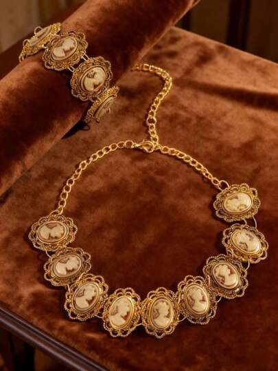 1 Set de Joyería Vintage Elegante y Lujosa de Alta Gama, Único Retrato de Camafeo Vintage Dorado, Collar y Pulsera, Estilo Victoriano, Joyería Antigua Adecuada para Combinar con Vestidos Vintage