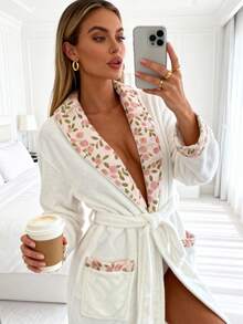 1件女士粉色樱花图案睡袍，绒面法兰绒材质，带口袋，柔软保暖舒适，配有腰带，拼接和服领，可爱卡哇伊冬季酒店水疗睡衣 - 彩色 - 查看 2