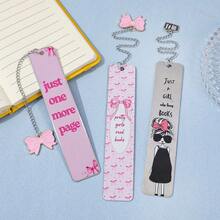可爱少女风不锈钢金属书签，饰有粉色蝴蝶结和卡通女孩图案，并印有爱书人士语录和装饰链吊坠，是送给女性读者、学生和书虫的理想礼物。