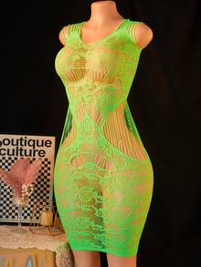 女士性感吊带网眼连衣裙镂空花卉图案娃娃衫弹力修身连衣裙贴身睡衣 - 綠色 - 查看 3