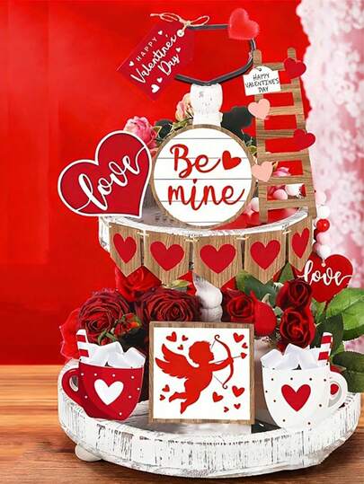 1 Set Of 12 Pieces, Valentine's Day Tiered Tray Decoration, Buffalo Checkered Tabletop Wooden Sign Decoration, Dwarf Tabletop Heart-Shaped Sign, Make My Love Decoration, Suitable For Valentine's Day Parties, Family Kitchens, And Festivals (Excluding Tray)