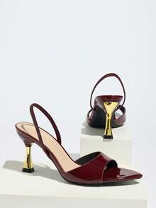 Spring/Summer Women's High Heel Shoes, Fashionable High-End Unique Color Blocking Wineglass Heel Pointed Toe Shiny Soft Mirror Material Strap Sexy Elegant Ankle Strap Suitable For Any Formal Occasion, Wine Red Versatile Ladies Formal Sandals, Glamorous High Heels - Burgundy - View 6