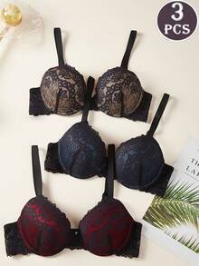 3pcs Women's Push-Up Bras With Contrast Lace Trim - Underwire High Support, Adjustable Straps, Bohemian Style Everyday Comfort (Navy/Red/Black), Supportive Lingerie, Stylish Undergarments, Durable Construction, Padded Bra, Fashionconscious Women - Mixed Color - 查看 4