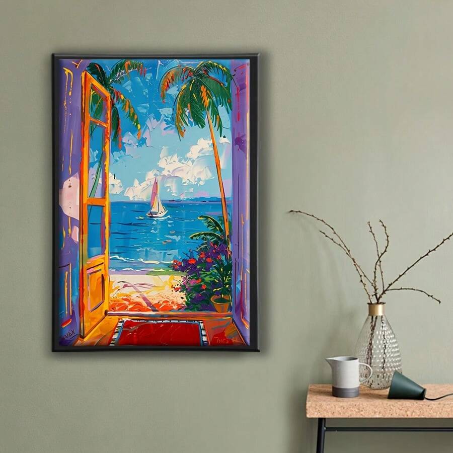 1pc Chic Frameless Abstract Canvas Art Print - Modern Wall Decor For Living Room, Bedroom, And Hallway - Vibrant Open Window Design - Multicolor - View 1