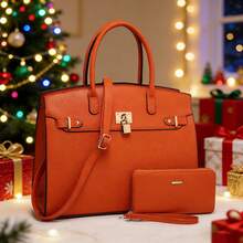 ZENG Classic Large Women's PU Leather Tote Handbag With Matching Zip Wallet, Elegant Structured Purse With Lock Top Handles & Detachable Shoulder Strap For Work, Office, Travel, And Everyday Use - trái cam - Xem 1