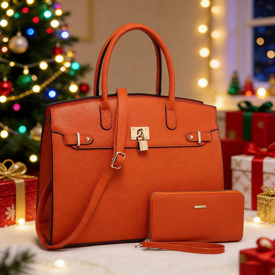 ZENG Classic Large Women's PU Leather Tote Handbag With Matching Zip Wallet, Elegant Structured Purse With Lock Top Handles & Detachable Shoulder Strap For Work, Office, Travel, And Everyday Use - trái cam - Xem 1