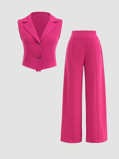 2pcs/Set Teen Girls' Solid Color Fashionable Lapel Single-Breasted Vest And Wide-Leg Pants Set, Suitable For Spring, Summer, Autumn
