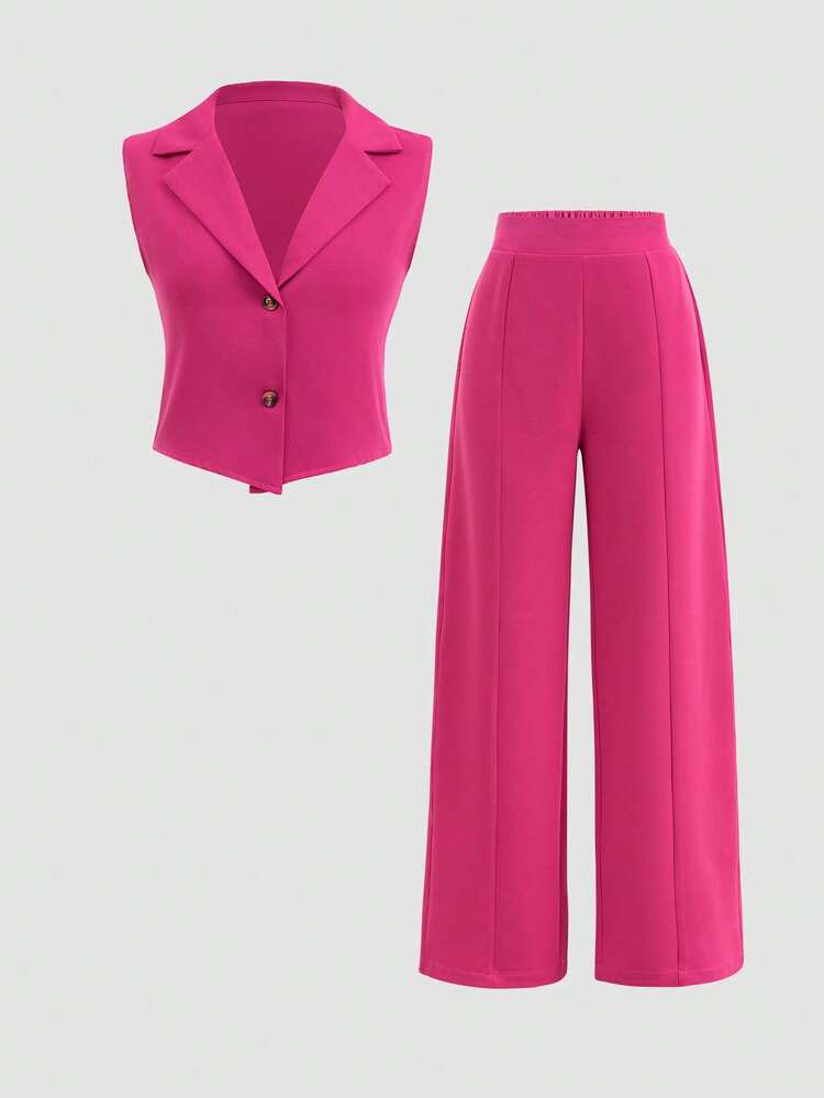 2pcs/Set Teen Girls' Solid Color Fashionable Lapel Single-Breasted Vest And Wide-Leg Pants Set, Suitable For Spring, Summer, Autumn - Hot Pink - View 1