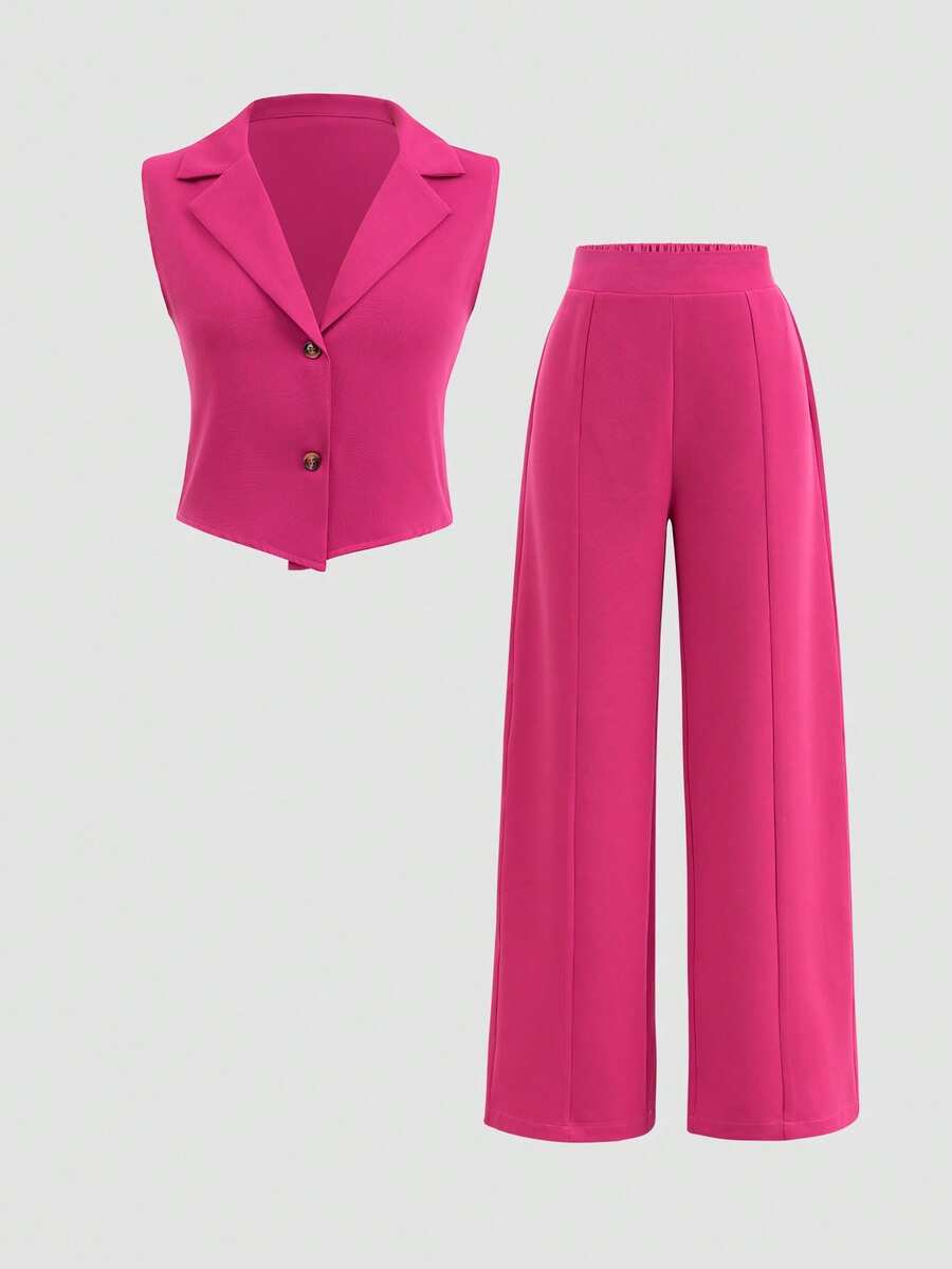 Set de 2 piezas de chaleco de solapa de un solo botonadura y pantalones de pierna ancha de unicolor de moda para adolescentes, adecuado para primavera, verano y otoño - Rosa Fucsia - Ver 1