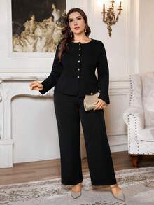 Plus Size Women's Fitted Round Neck Metal Button Cardigan, Black - Black - View 7