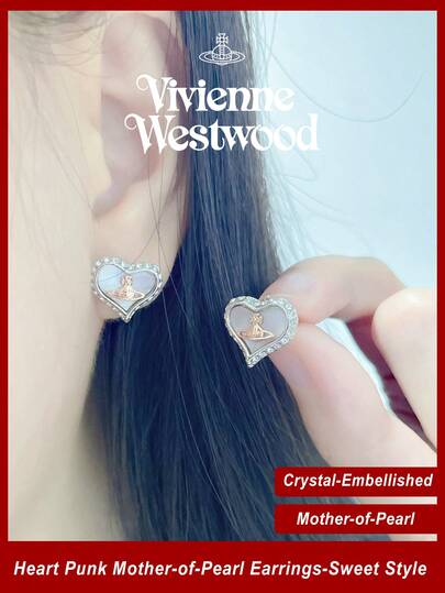 Vivienne Westwood 1pc Petra Brass Heart Rhinestone Earrings, Fashionable & Elegant Versatile Stud Earrings